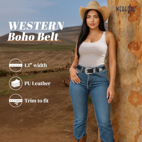 WERFORU Western Belt For Women,Cowgirl Cowboy Belt For Jeans Pants With Silver Vintage Western Buckle2