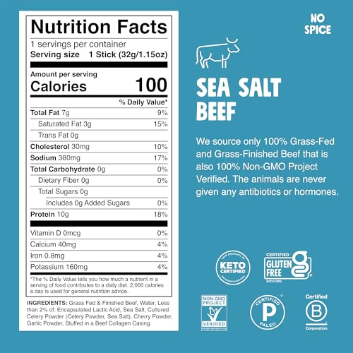 Image of Chomps Grass-Fed and Finished Sea Salt Beef Jerky Snack Sticks 10-Pack - Keto, Paleo, Whole30, 10g Lean Meat Protein, Gluten-Free, Zero Sugar Food, Non-GMO