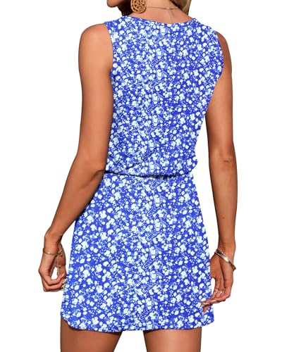 Image of AUSELILY Womens Summer Sleeveless V-Neck Drawstring Waist Beach Cover up Mini Short Swing Dresses with Pockets