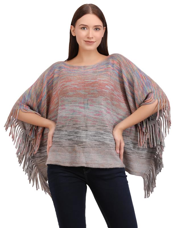 Ladies Woolen Boat Neck Multi Striped with Fringed Hem, Poncho Knitting Patterns for Women (SC 109)-image-41
