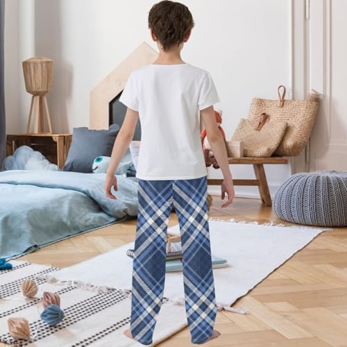 Boy's Pants Plaid Dark Navy Blue White Jogger Pants Elastic Waist Long Bottoms Trousers with Pockets 6-14 Years3