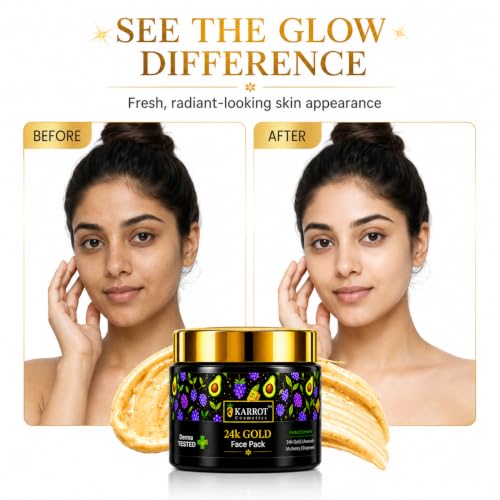 Image of KARROT 24K Gold Face Pack for Glowing Skin 100g with Avocado Mulberry Grapeseed for Instant Glow and Tan Removal, Kaolin Clay Hyaluronic Acid Alpha Arbutin, All Skin Types