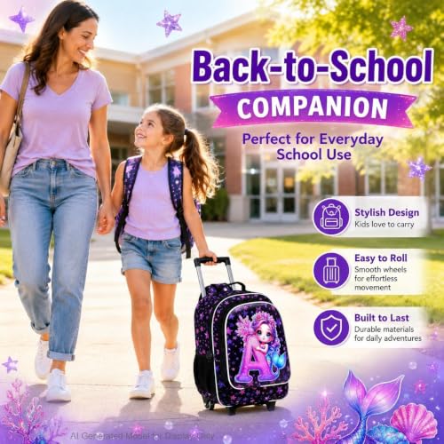Image of CCJPX 18 inch Mermaid Rolling Backpack for Girls, 3Pcs Kids Wheeled Bookbag with Lunch Box, Lightweight Roller School Bag for Elementary Preschool (Black)