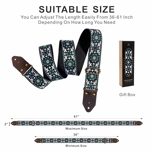 Image of Nefelibata Guitar Strap,Jacquard Embroidery Cotton Guitar Straps with Crazy Horse Leather Ends for Bass, Electric & Acoustic, Best Gifts for Guitarists(Dark Green Flower Embroidery)