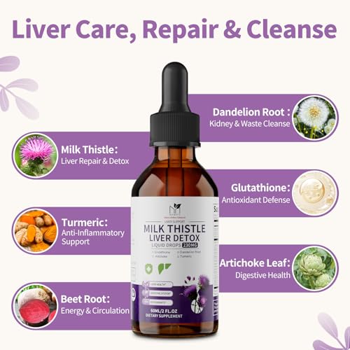 Milk Thistle Liver Support Drops – Liver Cleanse, Detox & Repair Liquid Herbal Supplement with Silymarin, Dandelion, Artichoke & Turmeric – Antioxidant & Natural Support – Non-GMO, Vegan, 2 Fl Oz
