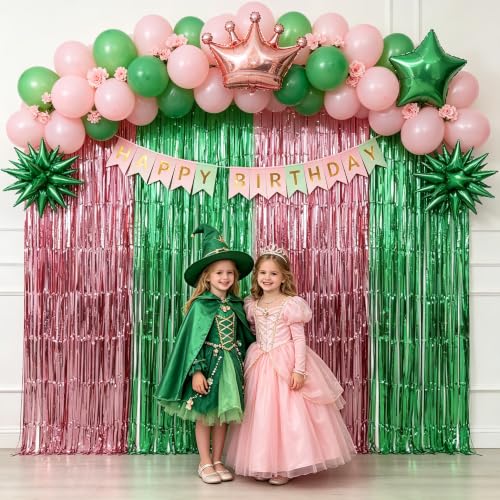 Image of TONIFUL 2Pcs Pink and Green Metallic Tinsel Foil Fringe Curtains Streamers | 3.3ftx6.6ft Photo Booth Backdrop Door Streamer for Birthday Baby Shower Gender Reveal Bridal Shower Spring Summer Party Decor