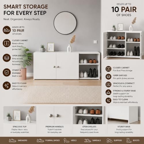 Image of FURNEASER Cosmos 2 Door Shoe Rack Cabinet | Engineered Wood Shoe Storage Organizer | 4 Shelf Shoe Stand Holds 10 Pairs | Space Saving Footwear Rack for Home