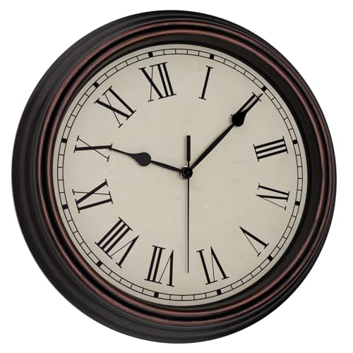 Image of Foxtop 14 Inch Roman Numerals Wall Clock Battery Operated Silent Non-Ticking Round Classic Vintage Retro Wall Clock Decorative for Living Room Kitchen Home Office (Bronze)