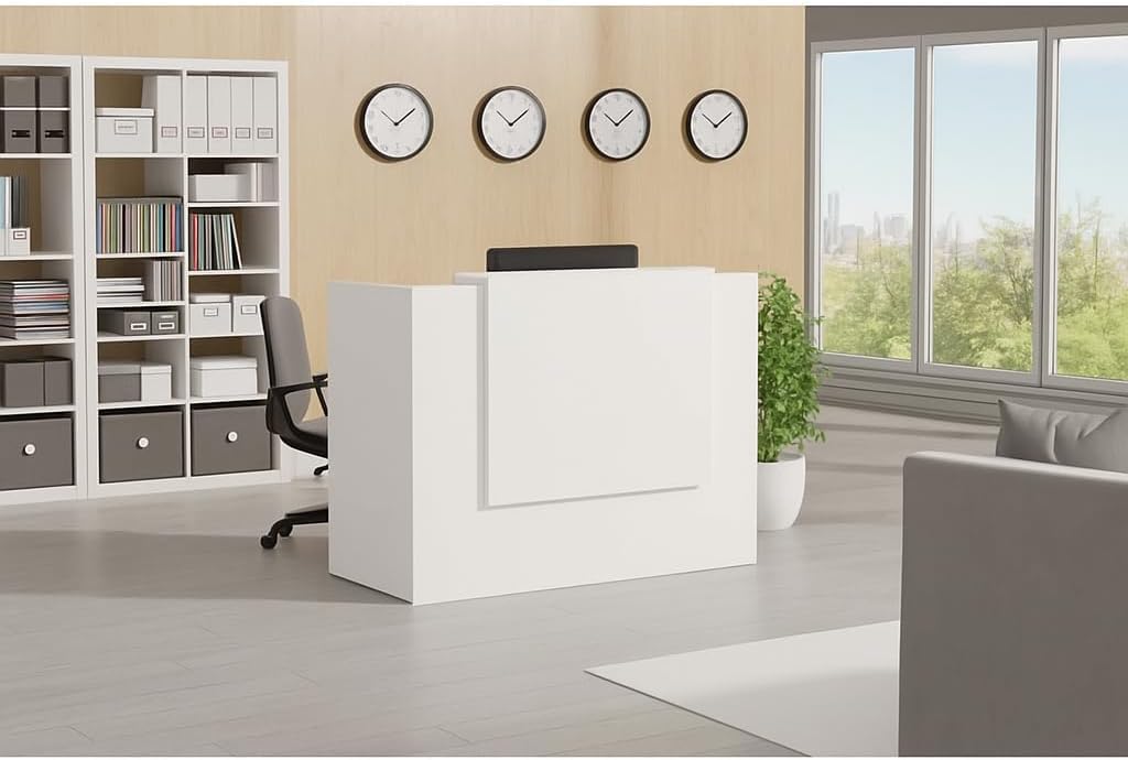 UGOS ICON 53" Reception Desk – Modern Front Counter with Transaction Shelf, Glossy White Panels, Office Reception Table for Salon, Spa, Clinic, or