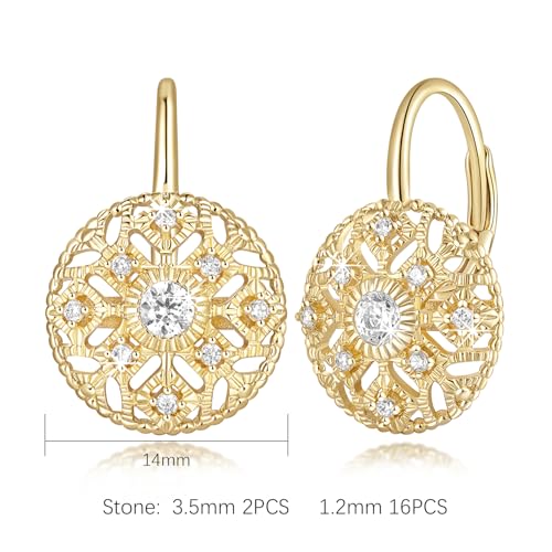 Eloqueen 14K Gold Drop Earrings Dangle Earrings for Women Leverback Dangle with Cubic Zirconia with Engraved Details 14K Gold Earring for Women2