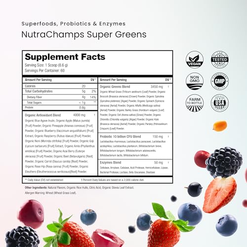 NutraChamps Super Greens Powder Premium Superfood | 20+ Organic Green Veggie Whole Foods | Wheat Grass, Spirulina, Chlorella | Antioxidant, Digestive Enzyme & Probiotic Blends (9.0 Oz, Berry) - Image 3