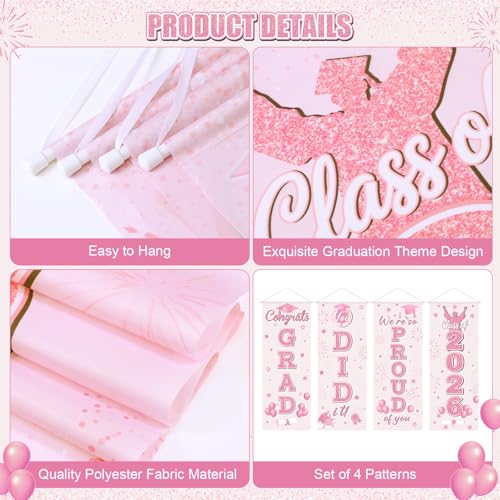 Image of Panelee 4 Pcs Pink Graduation Party Decorations 2026 Congrats Grad Porch Banners Class of 2026 Hanging Banner Backdrop for Classroom School Doorway Indoor Outdoor Wall Hanging Decor