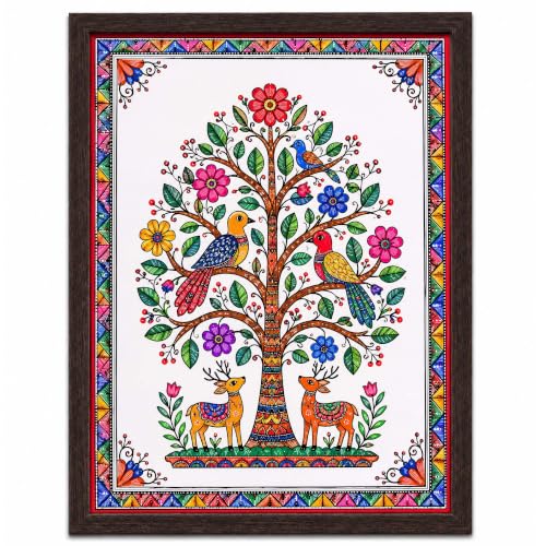 Image of PAPER PAJAMA Tree of Life Wall Art for Living Room | Madhubani Bird & Deer Painting | Traditional Mithila Folk Artwork Framed Home Decor for Bedroom, Office & Hall (10x13 Inches)
