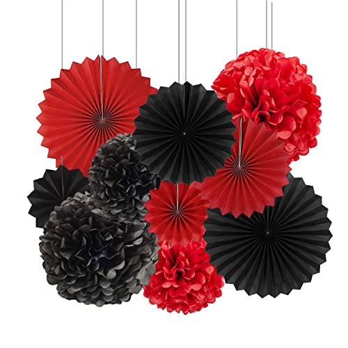 Vsosfiza Fächer aus Papier, Schwarz und Rot, mit runden Rosetten aus Papier, Dekoration und Pompons aus Seidenpapier (10 Stück) Cover