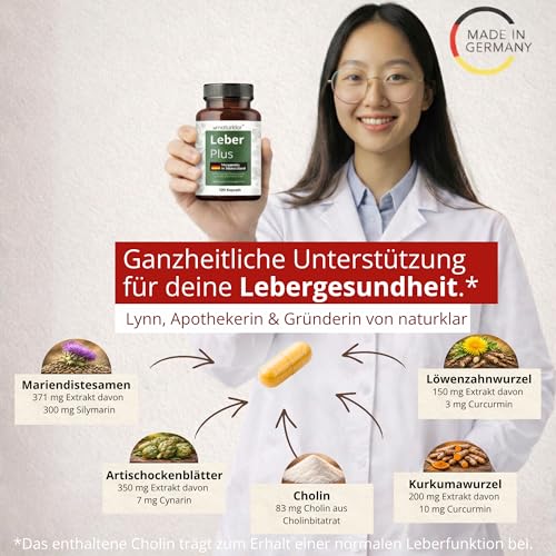 Leber Plus hochdosiert - 80% Silymarin, Mariendistel Kapseln mit Artischocke, Löwenzahn, Curcuma & Cholin - 120 Kapseln - Vegan - Milk thistle - Made in Germany