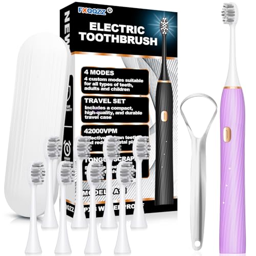 Electric Toothbrush for Adults and Kids, with Tongue Scraper and Travel Case, 8 Brush Head, Smart Timer & 4 Modes Rechargeable Toothbrush, 42000 VPM Deep Clean, One Charge Last 90 Days - Purple