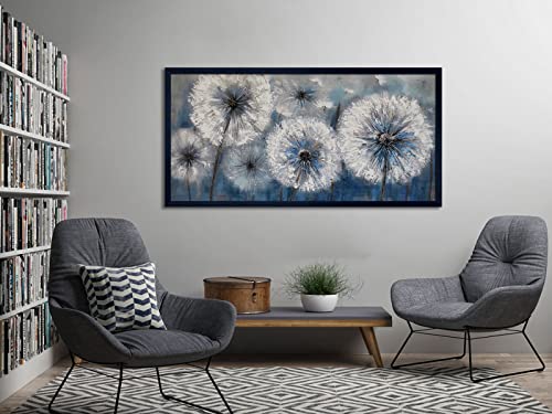 Image of Dandelion Wall Art Blue Large Picture for Living Room Canvas Art Wall Decor Above Bed White Flower Artwork for Walls Paintings Modern Art Aall Decor Framed Wall Art for Bedroom 29x58IN