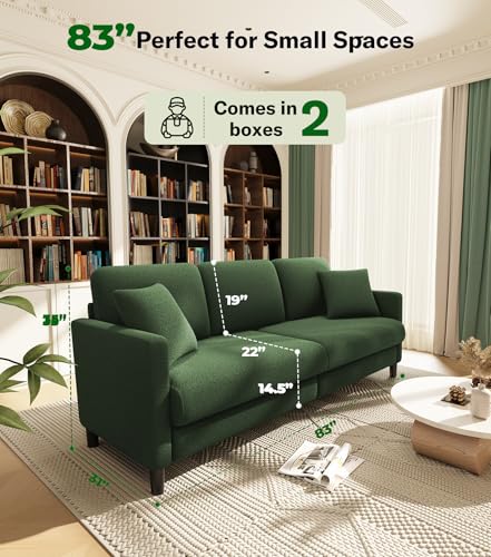 Image of Welzona 83 inch Couches for Living Room, Teddy Sofa Couch, Comfy Sofas for Living Room, Tool-Free Setup Loveseat Sofa, All-Wood Love Seat Couches, Small Couch 2 Pillows Included, Green