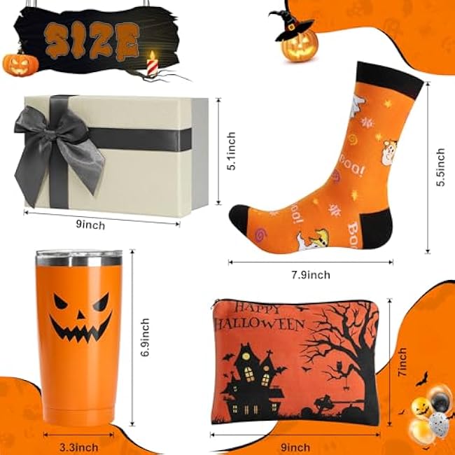UAREHIBY Halloween Pumpkin Gifts for Women, 20 OZ Tumbler Cup for Sister, Makeup Bag for Friend, Cute Ghost Socks for Halloween Party, Mom, Dad, Coworker