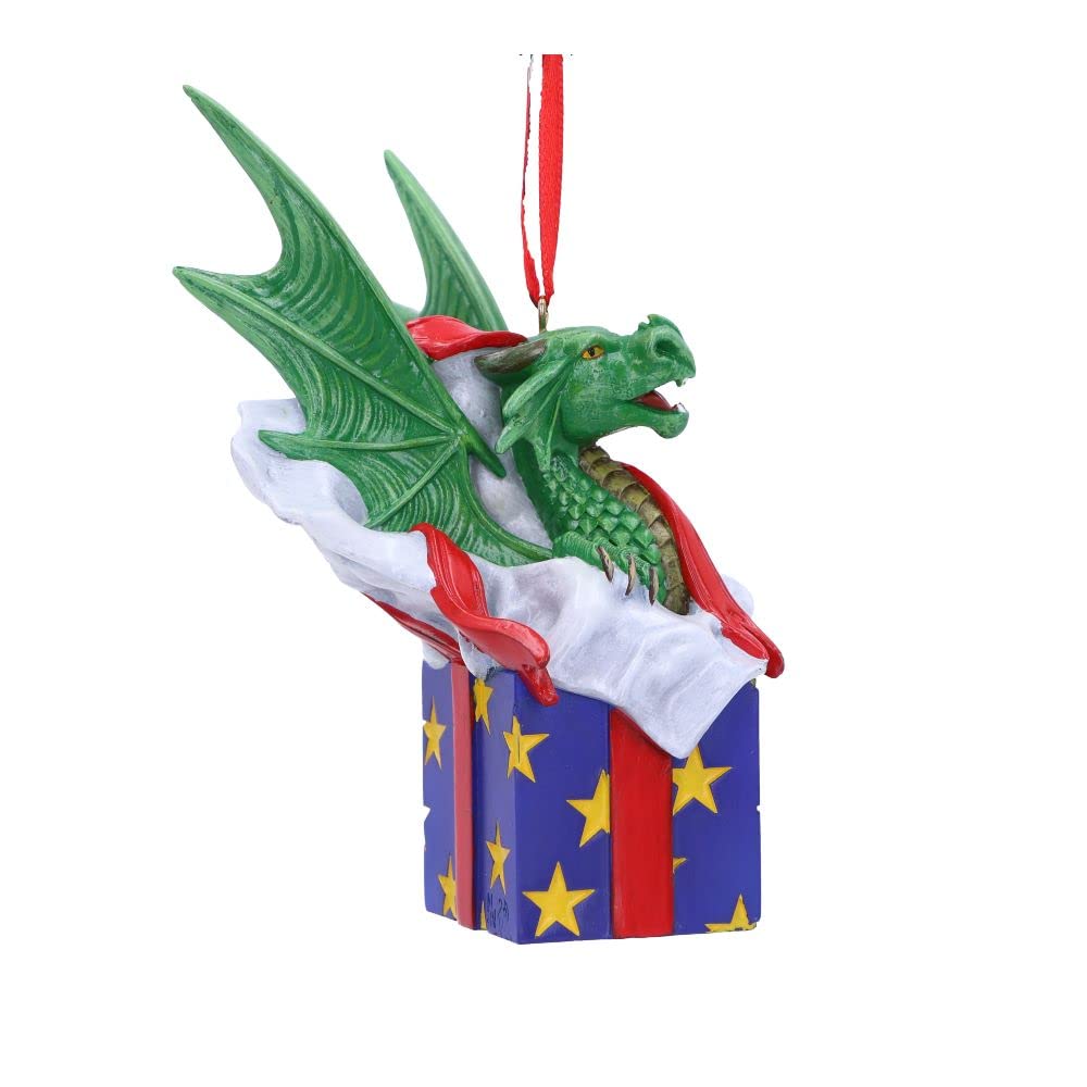 Nemesis Now Anne Stokes Surprise Gift Dragon Hanging Ornament 12.5cm, Resin, Green, Lisa Parker Giftware, Gothic Festive Hanging Decoration, Cast in the Finest Resin, Expertly Hand-Painted