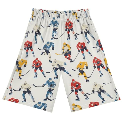 ALAZA Colorful Ice Hockey Player Stylish Cartoon Pajama Shorts Elastic Waist Casual Sleep Shorts with Pockets Size 6-14