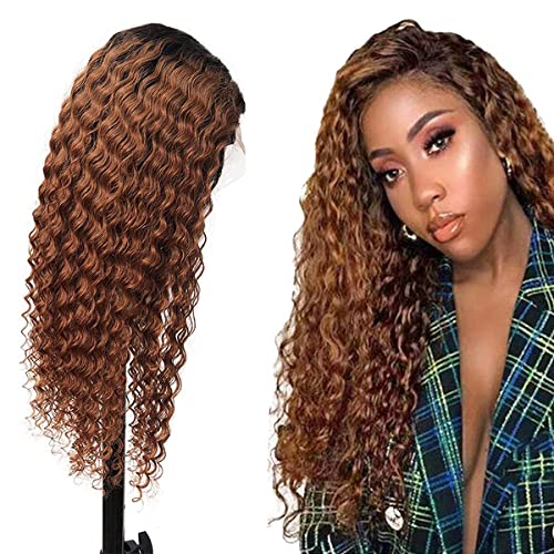 Curly Wave 1B30 Human Hair Wig Ombre Tow Tone Brazilian Remy Hair Glueless Wig Kinky Curly Wave Wig Wet And Wavy Hair Wigs Top Swiss Lace With Baby Hair Wig 16 Inch