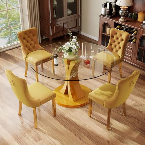 Image of 5-Piece Dining Table Set with 47In Tempered Glass Table and 4 Velvet Upholstered Chairs, Modern Scandinavian Furniture for Dining Room Kitchen(Yellow&Gold)