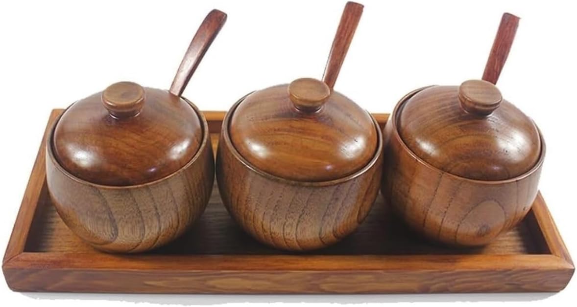 Condiment Set Seasoning Box Condiment Jar Wooden Seasoning Bottle Set With Lid Spoon And Tray Seasoning Jar Salt Monosodium Glutamate Home Seasoning Box Set Salt and Sugar Container Sets Condiment Pot