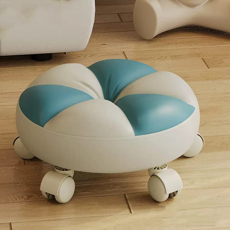 ESGT Short Rolling Stool with 5 Wheels, Low Roller Seat Wheel Stool Chair,PU Leather Roller Seat for Home Office Men Wemen Girl Shop Salon Kitchen Garage (Blue)