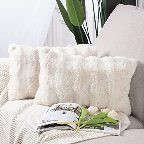 Madizz Juego de 2 Grueso Fundas de Almohada de Lana Corta Peluda de Felpa Suave Grueso Fundas de Cojines Estampados Funda de Almohada Decorativa para sofá Dormitorio Blanco Crema 30 x 50 cm