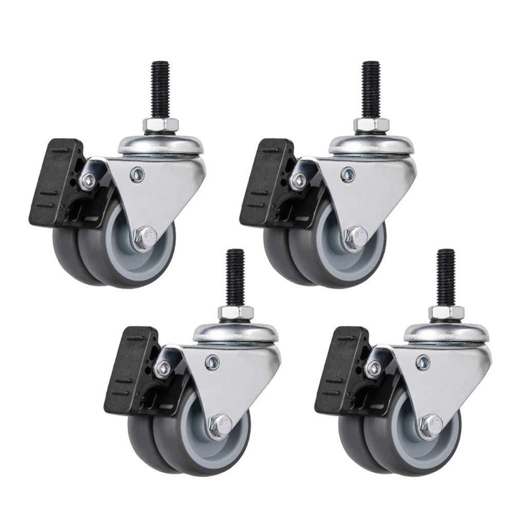 2‘’ 50mm Gewinde M10 Möbel Rollen Doppelrad Schwerlastrollen 200kg Leise TPR Gummi Lenkrollen mit Bremse Stahlhalterung Für Krippe Babybett Bürostuhl Tabelle Wagen Industrietransport 4 Stück