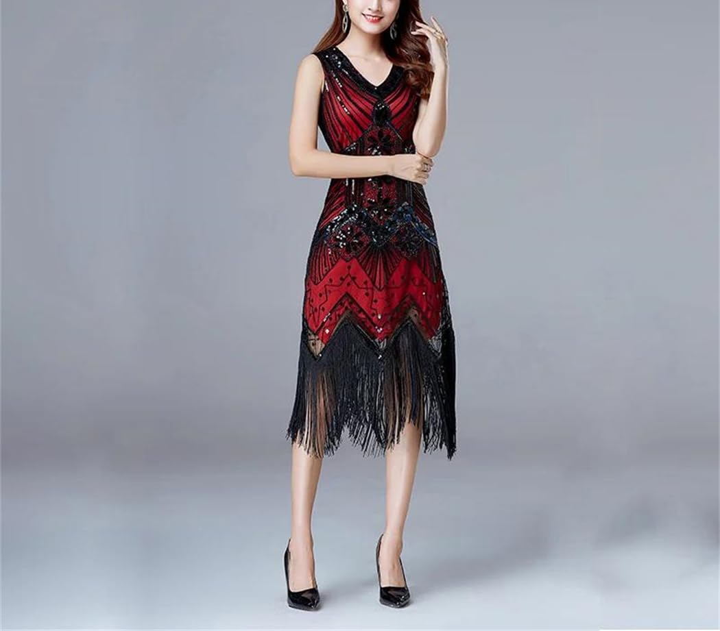 Vestido vintage Gatsby Flapper para mujer, cuello en V, sin mangas, con lentejuelas, estilo borla