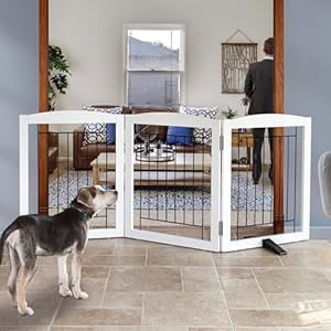 ZJSF Freestanding Dog Fence Indoor, Foldable Dog Gate for Doorways, Stairs or Hallways, Sturdy Wood Extra Wide Pet Gate with Support Feet for The House, White, 24 “Height-3 Panels