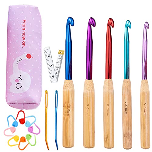 YOWONG Bamboo Handle/Silvalume Head Crochet Hook Size 6.5mm 7.0mm 8.0mm 9.0mm 10.0mm, Crochet Hooks Set Supplies with Crocheting Accessories for Beginners (6.5 to 10mm) (YW-10)