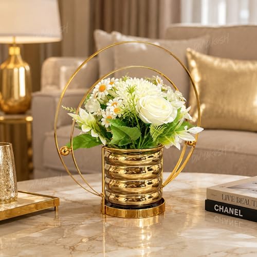 Image of Divyakosh Artifcial Flower for Home Decoration, Pre Fixed Artificial Flower Vase (Metal), Showpiece, Gift, Home Decoration Items for Living Room, Aesthetic Home Decor, Vase for Home Decor'