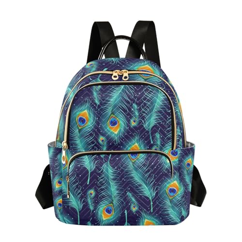 Yasala Women Backpack Blue Gold Grace Peacock Feather Anti-Theft Travel Backpack with Luggage Belt Lightweight Handbag Lady Purse Roomy Double Zipper Weekend Bag for Everyday Use