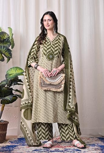 Image of MEERA FAB Women's Cotton Straight Kurta Set, Floral Print with Yoke, with Dupatta and Pants