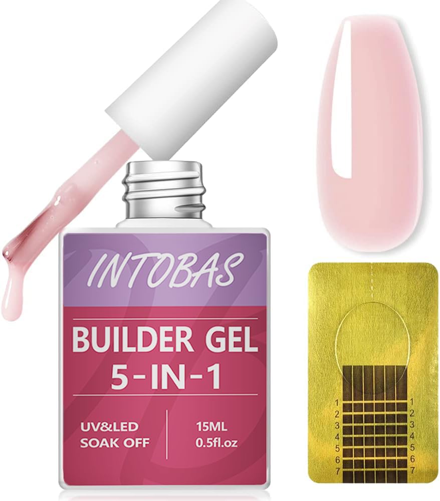 INTOBAS 5 en 1 Kit de Gel Uñas Constructor, Builder Gel de Extensión de uñas Rosa, Esmaltes Semipermanentes de Uñas, Gel para Uñas con 100 Formas, Fortalecedor y Decoración, Reparar Uñas Rotas 15ml