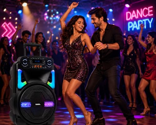 Image of Takara T 7112a Party Karaoke Trolley DJ Speaker Multimedia Bluetooth; Audio Recording; USB; with 2 Wireless Mic; Remote Control; FM with New DJ LED Light (Black)