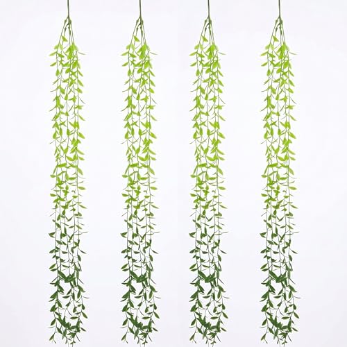 Image of Dekorly 75CM Artificial RainFlow Ivy Hanging Vines (Pack of 4) | Lush Green Cascading Creeper for Home & Balcony Decor (4, Dark Green Tail Vines)