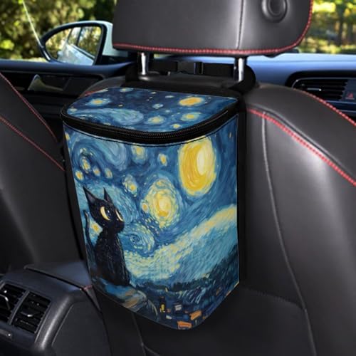 Image of Talayituse Cat Starry Night Print Car Trash Can with Lid, Leak Proof Auto Trash Bag Hanging Vehicle Garbage Can Multipurpose Storage Container for Back Seat Road Trip