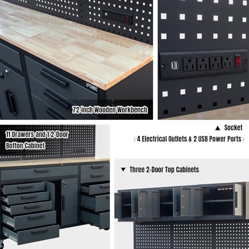 Image of 72in Rolling Tool Chest Cabinet, 2PCS Mobile Garage Workbench Heavy-Duty Tool Cabinet on Wheels with 11 Drawers, 2-Door Cabinet, 3 Top Cabinet, Pegboard & Power Strip for Tool Organization