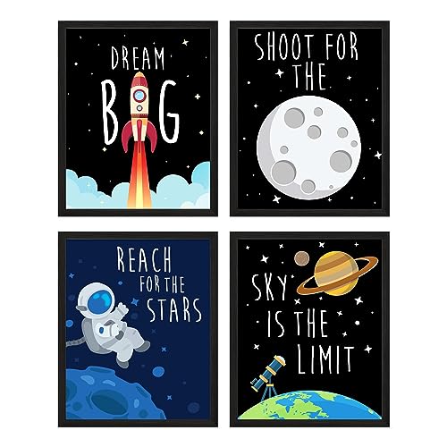 TnT Prints Space Kids   Decoración para habitación de niños, Juego de Cuatro Impresiones de 8 x 10 – Decoración de Pared inspiradora para niños y niñas