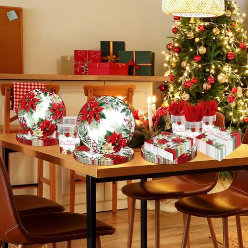 Christmas Paper Plates and Napkins,Disposable Poinsettia Paper Plates Cups Christmas paper Dinnerware for Xmas Holiday Party Supplies,Serves 24 – Image 6