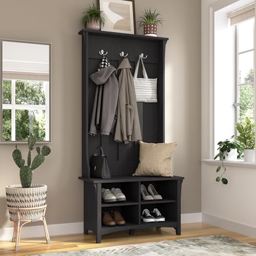 Image of Bush Home Salinas Hall Tree with Shoe Storage Bench in Vintage Black, Multi-Purpose Home Organizer, Entryway Solution with Seating and Hooks