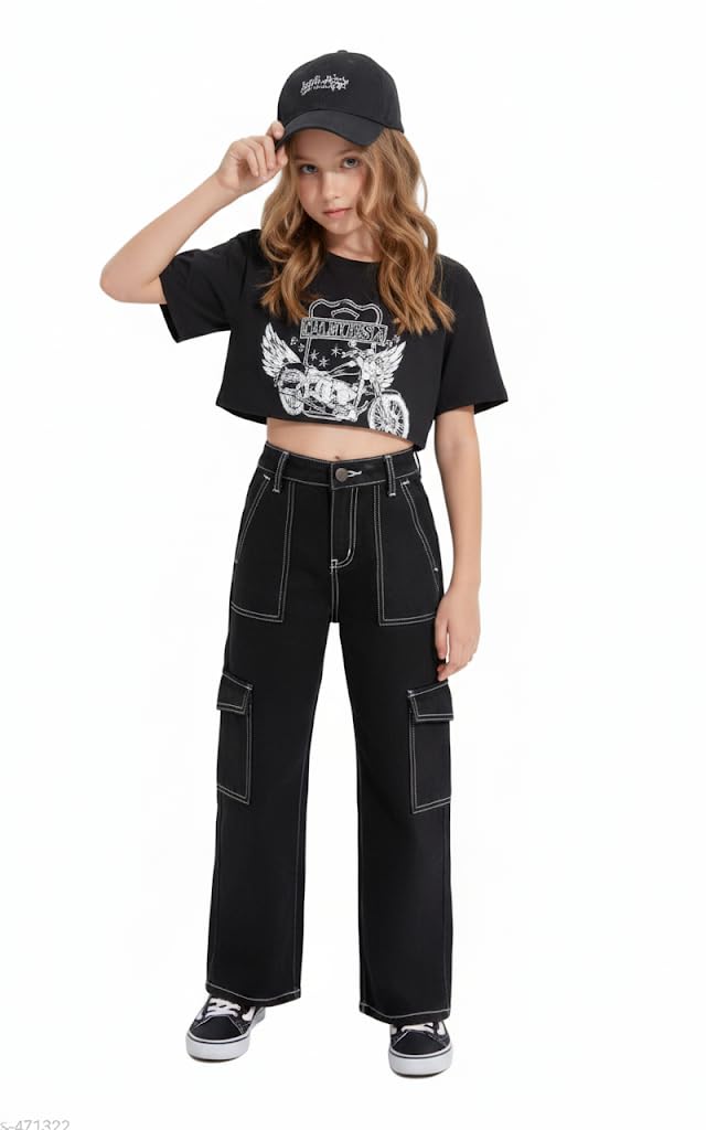 Girls Six Pocket Black Denim Cargo Jeans | Stylish Black Cargo Pants for Girls & Teens | Comfortable & Trendy Casual Wear-picture-50