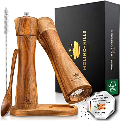 MOLINO-MILLS 2er Set Salzstreuer und Pfeffermühle aus Akazienholz mit stabilem Keramik Mahlwerk Cover