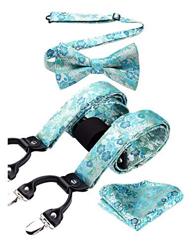 Image of HISDERN Suspenders for Men Paisley Floral Bow tie Suspender Pocket Square Sets Adjustable Y Shape 6 Clips Wedding Braces