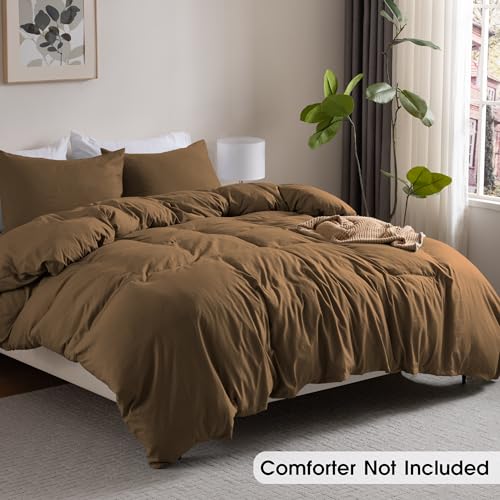 Image of Ranunculus Washed Khaki Duvet Cover Set King Size, 3 Piece Prewashed Cotton-Like Bedding Set, Duvet Cover 104X90 Inches with Button Closure & 2 Pillow Shams for All Seasons,Comforter Not Included