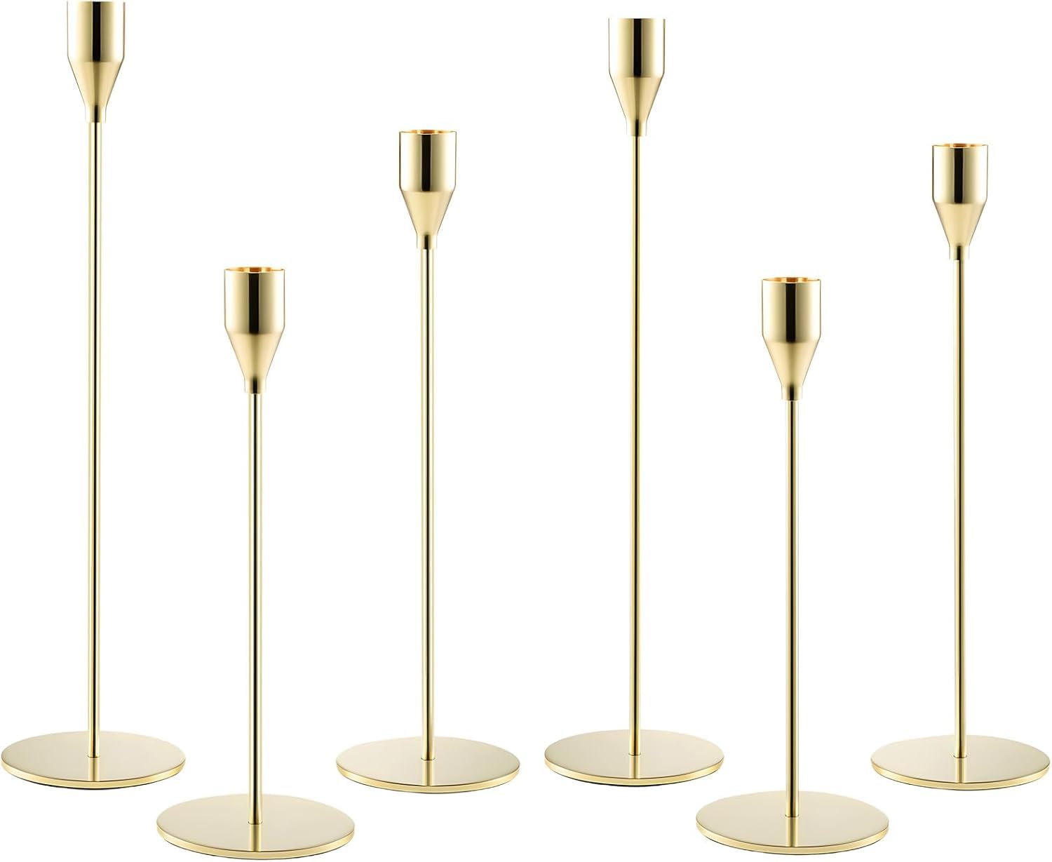 FERNVALE 6PCS Candlestick Holders for Taper Candles Elegant Metal Candle Stands for Weddings, Parties & Home Decor (Fits 3/4" Candles) Tall & Short Candle Holders (Gold)